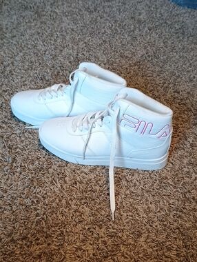 FILA White Mid-Top Sneakers with Pink Script Logo
